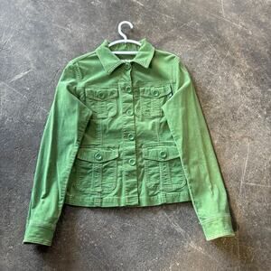 Vintage Y2K Plugg Corduroy Utility Jacket Womens L Green Cargo Pockets Button Up